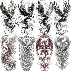 TEMU 8장飛鳳 (Flying Phoenix) 랩터스 () 임시 타투 스티커 여성 남성 성인 팔 다리 타투, 오래 지속되는 사실적인 타투 스티커 방수 팔뚝 슬리브 데칼