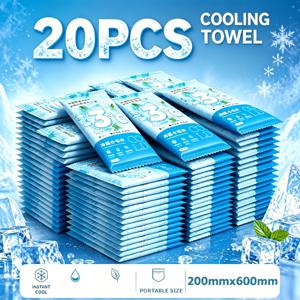20개입 냉감 일회용 부직포 타월, 200 X 600mm 휴대용 즉각 냉각 젖은 타월, 개별 포장 여름 시원함, 해변, 여행, 헬스장, 하이킹, 캠핑 및 더운 날씨 사용에 적합