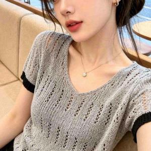 TEMU 2026년 신상 블라우스 컬러 블록 V넥 컷아웃 반팔 게으른 캐주얼 가벼운 여성용 여름 데일리 탑