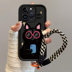 TEMU 블랙 고양이 안경 패턴의 블랙 TPU 패셔너블 셀카 휴대폰 케이스, 낙하 방지 손목 스트랩 포함, 삼성 갤럭시 전 시리즈용