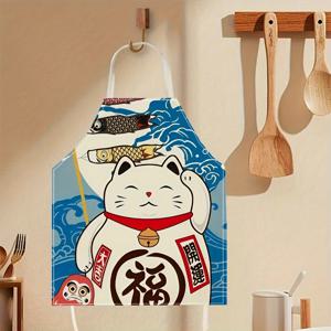 TEMU 1개 행운의 고양이 디자인 앞치마 - 생동감 넘치는 블루 & 화이트 일본 파도 패턴, 내구성 100% 폴리에스터 주방 베이킹 앞치마 (홈 & 프로페셔널용), 21.65x26.77인치/68x55cm, 쉬운 세척 재미있는 프린트, 고양이 앞치마, 요리 의상, 유쾌한
