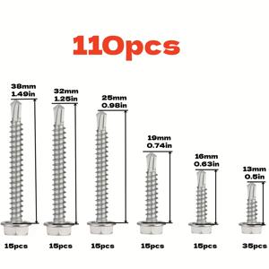 110개 금속용 접시머리 나사, 410 스테인리스 스틸 접시머리 드릴링 나사 #8 육각 머리 판금 나사 모음 키트, 길이 13mm-38mm