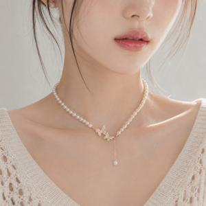 TEMU 우아한 큐빅 나비 진주 드롭 목걸이 로맨틱 여성 주얼리