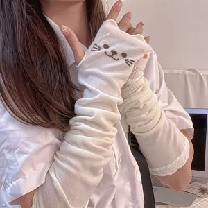 TEMU 귀여운 고양이 프린트 팔토시 1켤레, 통기성 좋은 손가락 없는 팔토시, 여성용 부드러운 캐주얼 긴 장갑
