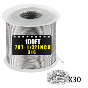 304 스테인리스 스틸 와이어 로프, 50/100/200피트 1/32인치 와이어 로프 (다중 슬리브 포함), 스트링 라이트 걸이, 빨래 건조대, 트렐리스용