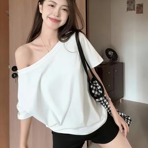 TEMU 신상템! 화이트 원숄더 오프숄더 티셔츠, 게으른 시크한 외출을 위한 다재다능한 탑, 여성 봄/여름 패션 캐주얼 원숄더 티셔츠 (부드러운 원단)