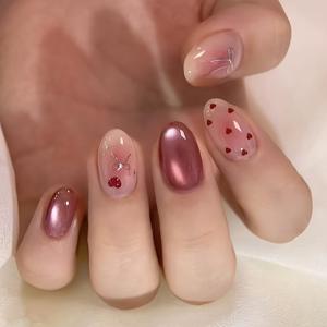 TEMU 귀여운 캣아이 룩에 추가: 하트 블러셔와 도금된 은빛 리본, 우아하고 밝은 느낌, 유럽/미국 스타일. 탈부착식 누름식 인조네일(30개), 데일리 업무복에 적합. 네일 파일 1개 + 젤리 접착 스티커 1개 포함