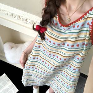 TEMU 여성용 한국 스타일 스위트 딸기 잠옷 가운, 여름 라운드 넥 민소매 캐미솔 원피스, 라운지웨어