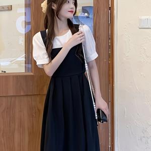 TEMU 여성용 블랙 드레스, 여름 스플라이스 2-in-1 룩, 고급 프렌치 스타일 빈티지 멜빵형 리틀 블랙 드레스, 미디 기장 스커트