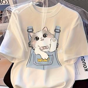 TEMU 여성용 우아한 캐주얼 반팔 티셔츠 - 귀여운 고양이 & 하이체어 프린트, 라운드넥, 세탁기 사용 가능, 사계절 편안함, 소재, 레귤러 핏, 캐주얼 웨어, 여성용 티셔츠, 편안한 풀오버, 유쾌한 프린트 셔츠, 투명 소재, 다목적 탑, 스타일리시 블라우스, 통기성 좋은 셔츠, 어른용