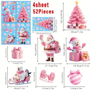 TEMU 크리스마스 정전기 흡착 창문 데칼 52개/4장, 잔여물 없는 창문 장식—navidad—선물가방을 든 핑크 옷의 , 썰매를 탄 북극곰과 펭귄, 산타모자를 쓴 눈사람, 핑크색 크리스마스 트리, 풍부한 핑크색 , 리본, 별, 눈송이, 장갑, 캔디케인, 기타 요소들 포함