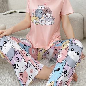 TEMU 고품질 2pcs 세트, 여성용 귀여운 만화 고양이 패턴 잠옷 세트, 캐주얼 라운드넥 반팔 티셔츠 상의 및 스트레치 트라우저, 스트레치 원단, 세탁기 사용 가능, 성인용, 모든 계절, 여성용 잠옷 및 홈웨어