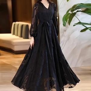 TEMU 여성 브이넥 롱원피스 허리리본 A라인 플레어 날씬해보이는 하객룩 데이트룩 오피스룩 시스루 퍼프소매 격식룩 우아한 페미닌 블랙 맥시드레스 빅사이즈 체형커버
