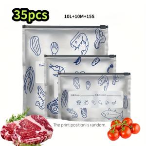 TEMU POBXBX 재사용 가능한 진공 밀봉백 1개 (35개입) 날짜 라벨 포함 - 고기, 채소, 과일용 누수 방지 냉동실용 | 세척 가능한 식품 보존용 봉투, 냉동실, 냉장고, 식료품 저장실 보관용, 주방 보관 용기