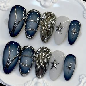 TEMU 10개입 미스티 블루 그라데이션 섬세한 쉬머 미디엄 레인지 아몬드 프레스온 네일 3D 입체 레리프 황금색 은색 보어스 메탈릭 펜타그램 테트라키스 쿨 콜드 니치 연회 라이트-엔하넌스 인조 네일 탈착식 프레스온 네일 프레스온 네일 여성용 네일