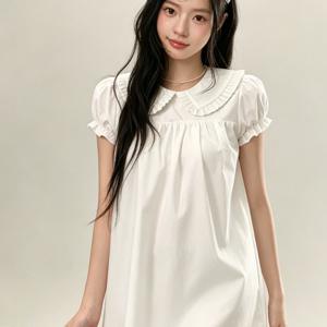 인형 칼라 라펠 화이트 반팔 원피스 여름 프렌치 귀여운 루즈핏 A라인 반바지 부드러운 스위트 블라우스 원피스