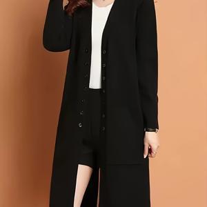 TEMU 2025 신상 가을/겨울 솔리드 컬러 롱 가디건 여성 코트, 루즈핏 패션 다용도 소프트 포켓 V넥 스웨터