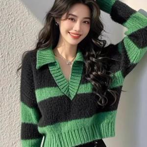 TEMU 여성용 그린&블랙 스웨터 - 셔츠넥 V라인 디자인, 가을 트렌디 아우터