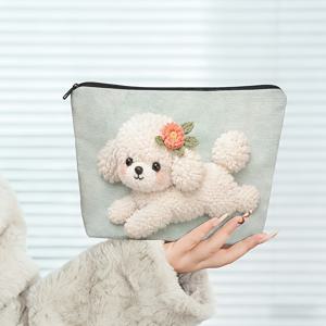 화이트 플러시 강아지 인형 지퍼 클로저 메이크업 가방 1개 - 대용량 귀여운 여행, 데일리용, 휴대용 세면도구 및 화장품 가방, 사랑스러운 강아지 테마 수납 파우치 선물용