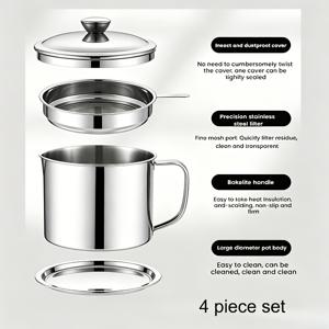 TEMU 4pcs 세트 (회전식 뚜껑 1개, 오일 필터 포트 1개, 식품 등급 304 메시 뚜껑 1개, 받침대 1개) 다기능 주방 오일 병, 스테인리스 스틸 휴대용 보관/여과 용기, 1.4L 스테인리스 스틸 손잡이, 힘을 쓰지 않고 회전하는 뚜껑