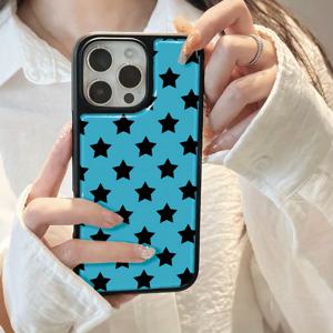 TEMU 휴대폰 케이스 - 전기 도금 드립 레진 낙하 방지 폰 케이스, Apple 16Promax/15Plus/14에 적합, 파란색 배경 검은색 별 에폭시 레진 하드 케이스, 남자친구 자매 가족을 위한 귀여운 휴일 선물