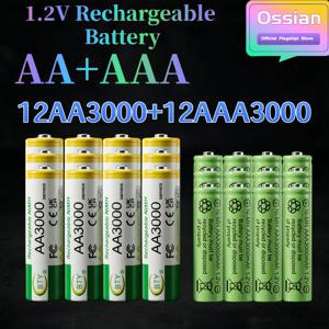 24개입 (AA 12개, AAA 12개) Ossian AA AAA 니켈수소 충전지 1.2V 3000mAh 고용량 콤보 팩, 저자체 방전 재사용 가능 트리플 A 더블 A 배터리 (태양광 조명, 게임 컨트롤러, 리모컨, 디지털 카메라용)