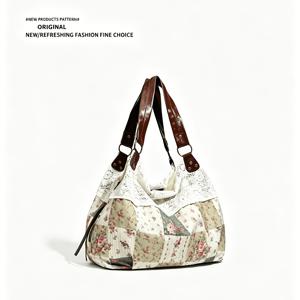 새로운 숲 스타일 빈티지 플로럴 핸드백, 플로럴 패턴, 스플라이싱, 천 가방, 레트로 스타일, 레이스 트림, 출퇴근, 데일리, 여행, 캠핑, 싱글 숄더, 핸드헬드, 스위트 스타일, 숲 스타일 가방