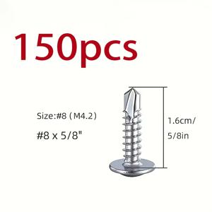 TEMU 트러스 셀프 태핑 나사 150개, #8 셀프 드릴링 나사, 금속용 스테인리스 스틸 대형 플랫 라운드 헤드 셀프 드릴링 셀프 태핑 나사, 트러스 헤드