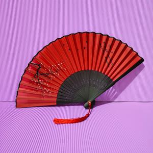 TEMU 레드 십여나무늬 대나무 술 달린 접이식 부채, 코스프레 및 명절 선물을 위한 중국 스타일 수扇