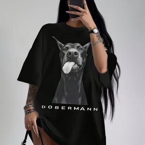 남성용 캐주얼 프린팅 티셔츠 - 도베르만 핀셔 디자인, 블랙 크루넥, 반팔, 사계절용, 재미있는 프린트, 클래식 핏, 부드럽고 편안함, 캐주얼웨어 및 스포츠용으로 이상적, 남녀공용, 수집가용 에디션 티셔츠