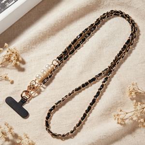 TEMU 진주 장식 크로스바디 휴대폰 끈, 메탈 & PU 가죽 직조 휴대폰 스트랩, 여성용 범용 분실 방지 휴대폰 체인, 모든 휴대폰에 맞는 탈부착형 넥 스트랩