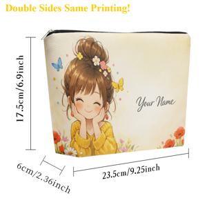 일러스트 나만의 이름 린넨 화장품 파우치 1개, 지퍼 잠금, 대용량 세면도구 파우치, 귀여운 패션 지갑형 휴대용 수납 가방, 여행용 화장품 가방, 휴일 선물