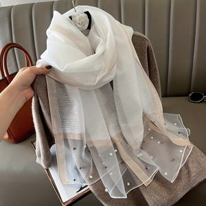 TEMU 1개 190 X 70Cm 인조 진주 장식 쉬폰 스카프 우아한 모조 숄 반짝이는 컬러 블록 헤드 스카프 여성용 헤드 스카프