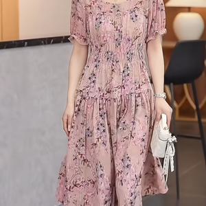 TEMU 여성용 여름 꽃무늬 반팔 드레스 - 우아한 라운드넥 가슴 주름 미디엄 길이 세탁기 사용 가능한 캐주얼에서 세미포멀 의상