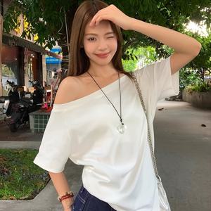 TEMU 여름 Y2K 캐주얼 패션 루즈핏 다용도 화이트 원넥 반팔 티셔츠 여성 오프숄더 탑
