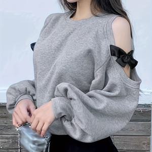 여성 레이스 풀오버 스웨트셔츠 슬릿 스트랩 리본 장식 긴소매 탑 세탁기 사용 가능 가을 우아한 스타일 - 다용도 패션 - 스트레치 원단