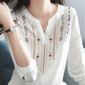 여성 봄 가을 화이트 탑, 여성 캐주얼 자수 V넥 긴팔 빈티지 루즈 블러쉬 블라우스
