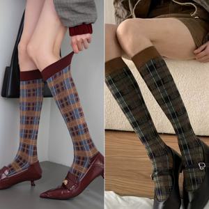 TEMU 1/2/3켤레 가을/겨울 체크무늬 종아리 양말, 여성용 빈티지 영국 스타일 무릎 위 양말 마일라드 컬러 팔레트. 일본과 한국 학문적 패턴 스타킹 모던 큐트 - 습기 흡수 & 통기성 원단으로 부드러운 편안함, 니치 개성 다재다능; 패션 트렌디 고온 우아함