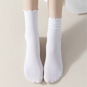 3켤레 흰색 여름용 얇은 양말, 레이어링용 여성용 미드-카프 러플 트림 양말, 일본 스타일 레이스 러플 양말