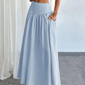 TEMU 여성용 허리 슬림핏 주름 플레어 스커트, 단색 포켓 포함, 편안하고 활용도 높으며 우아함, 캐주얼한 데일리웨어와 스타일리시한 출퇴근용으로 적합, 사계절용