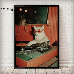TEMU 빈티지 나무 DJ 고양이 포스터 2D 평면 – 멋진 바이닐 레코드 플레이어 벽 예술, 빈티지 음악 라운지 장식, 레코드 애호가와 고양이 애호가에게 적합, 2D 평면