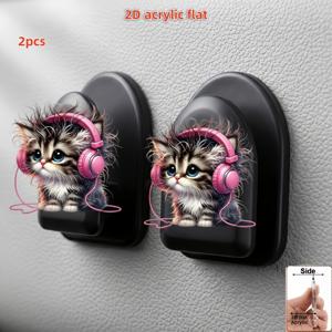2D 플랫, 2개입 범용 차량용 후크, 고양이 귀 패턴, 다기능 접착식 차량용 수납 후크, 열쇠, USB 케이블 걸이용, 대시보드 강력 접착 스티키 후크, 흔적 없는 가정용 후크, 내구성 좋은 플라스틱 실내 장식