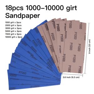 사포, 18개입 1000~10000 다양한 粒度 사포 시트 세트 (1000 2000 3000 5000 7000 10000), 습식 건식 사포, 9 x 3.6인치, 목재 가구 마감, 금속 샌딩, 자동차 광택용, 핸드 샌더와 호환