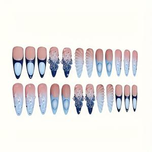 24개 롱 아몬드 모양 인조 손톱 세트, 프레쉬 오션 스타일, 패셔너블한 물방울 무늬 블루 플라워, 입체적인 클리어 웨이브, 라이트 럭셔리 펄
