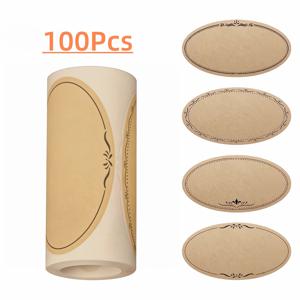 라벨 롤 100/200매 (6.35X3.56 Cm) - 우아한 베이지 및 브라운 크라프트 종이 접착 라벨, 방수 및 드라이 크리닝 가능, 둥근 모서리 및 장식 테두리, 보관, 주방, 캐비닛, 선물 포장에 적합