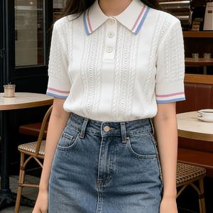 여름 디자인 포커스 폴로 칼라 풀오버 반팔 스웨터 여성용 프레피 패셔너블 우아한 다용도