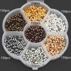 TEMU 1050개/박스 주얼리 공예 부품 키트 크림핑 엔드 캡 약 2mm 평탄화 및 고정 원형 튜브 스페이서 비즈 와이어 비즈 원통형 포지셔닝 튜브 비즈 수제 스트링링 비즈 커넥터 팔찌, 발찌에 적합