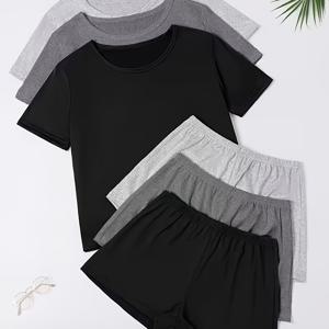 TEMU 여성 여름 의상 6피스 3세트, 단색 이지 캐주얼 라운드넥 반팔 반바지 세트, 여름 여행 패션 웨어에 적합, 풀오버 슈트 루즈핏 편안한 출퇴근복