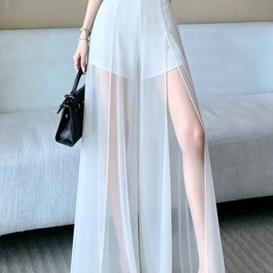 TEMU 메쉬 패치워크 페이크 투피스 여성용 바지, 반투명 섹시 롱 팬츠, 우아한 올매치 신상 트렌디 메쉬 쉬어 트라우저, 섹시 여성 바지