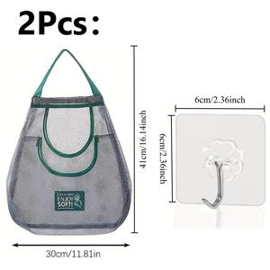 2개 세트: 1개 이중 레이어 대형 걸이형 가정용 수납 가방 및 1개 후크, 다기능 주방 수납 네트 가방 - 벽걸이 과일, 채소, 생강, 마늘 수납 가방, 필수 가정용품